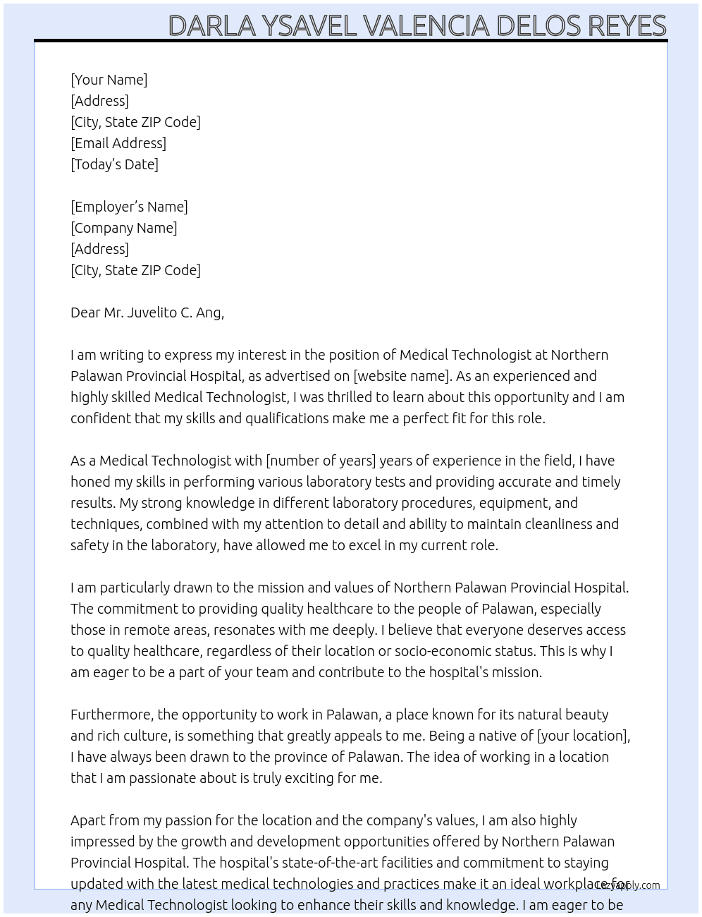 Medical Technologist At Northern Palawan Provincial Hospital Cover Letter