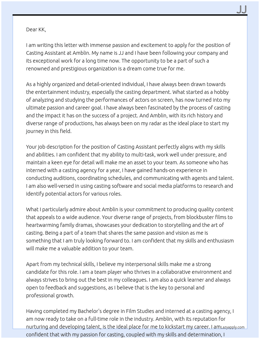 Casting Assistant At Amblin Cover Letter