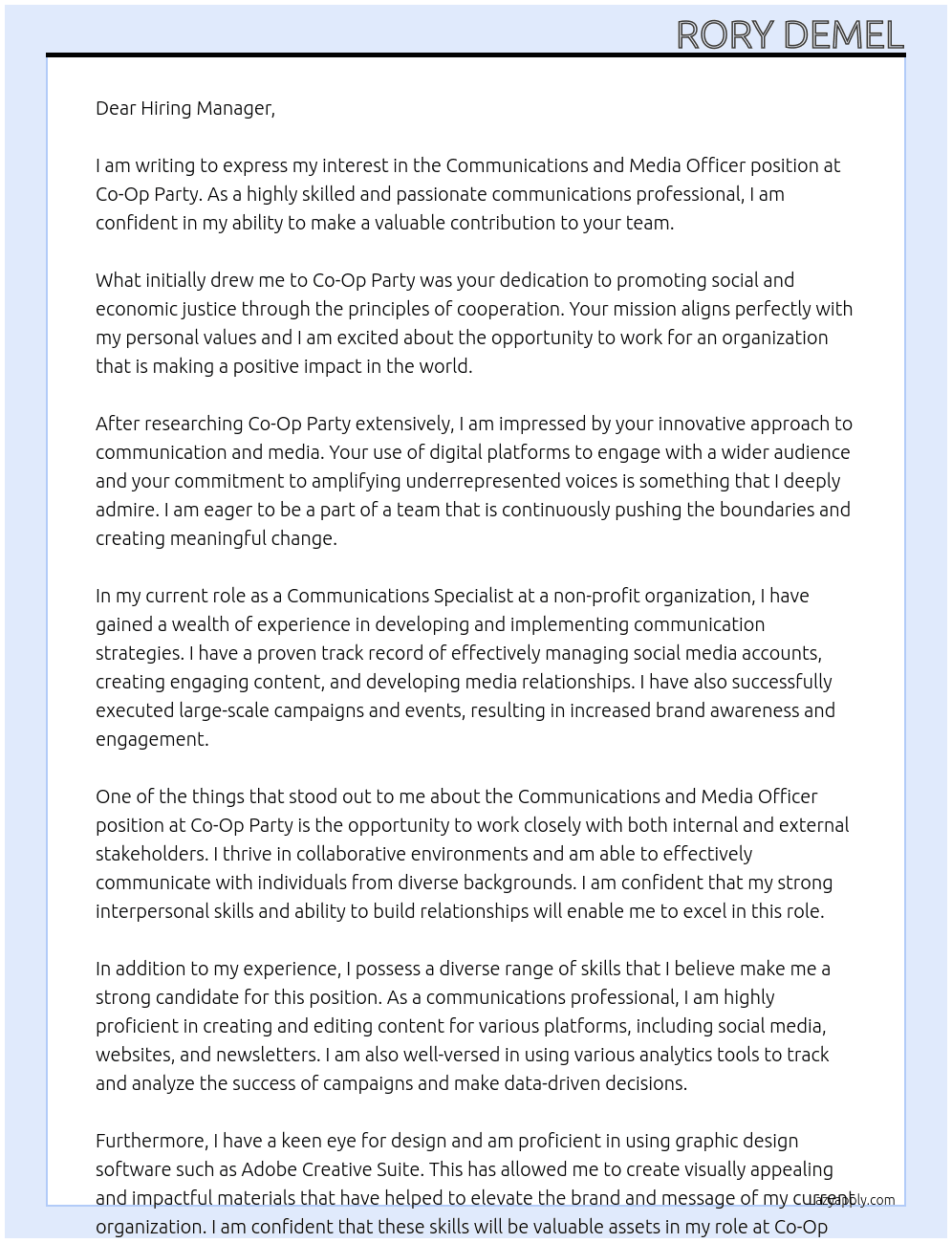 Communications and Media Officer At Co-Op Party Cover Letter