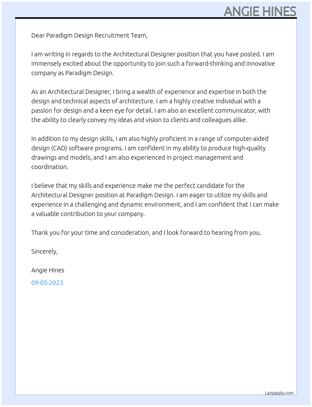 Architectural Designer At Paradigm Design Cover Letter