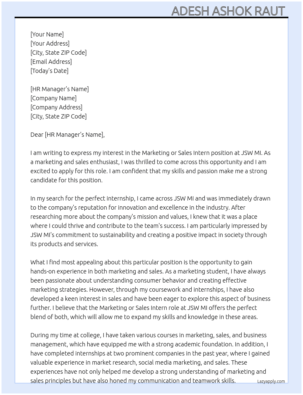 Marketing or sales intern  At Jsw mi Cover Letter