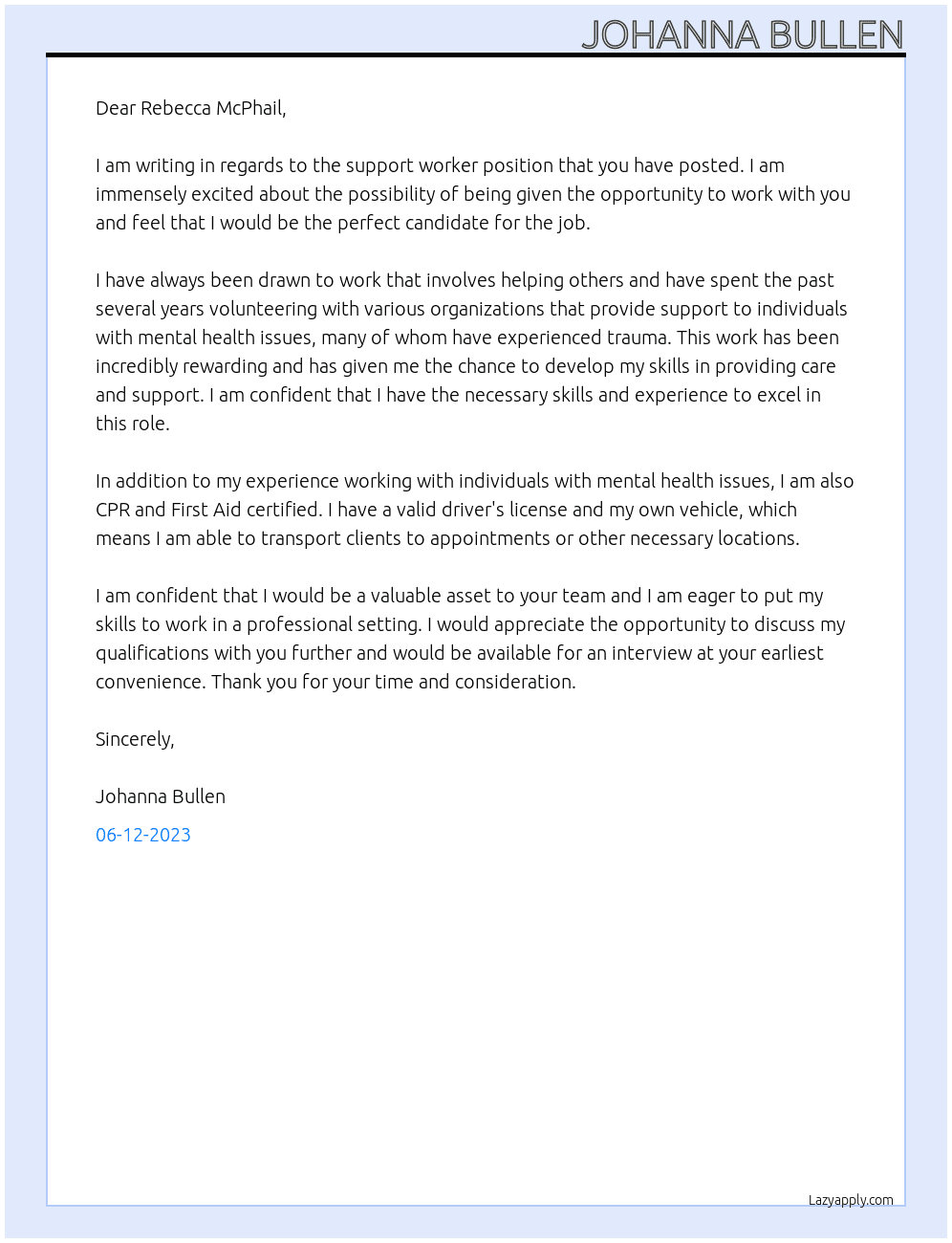 Support worker At Employ Cover Letter