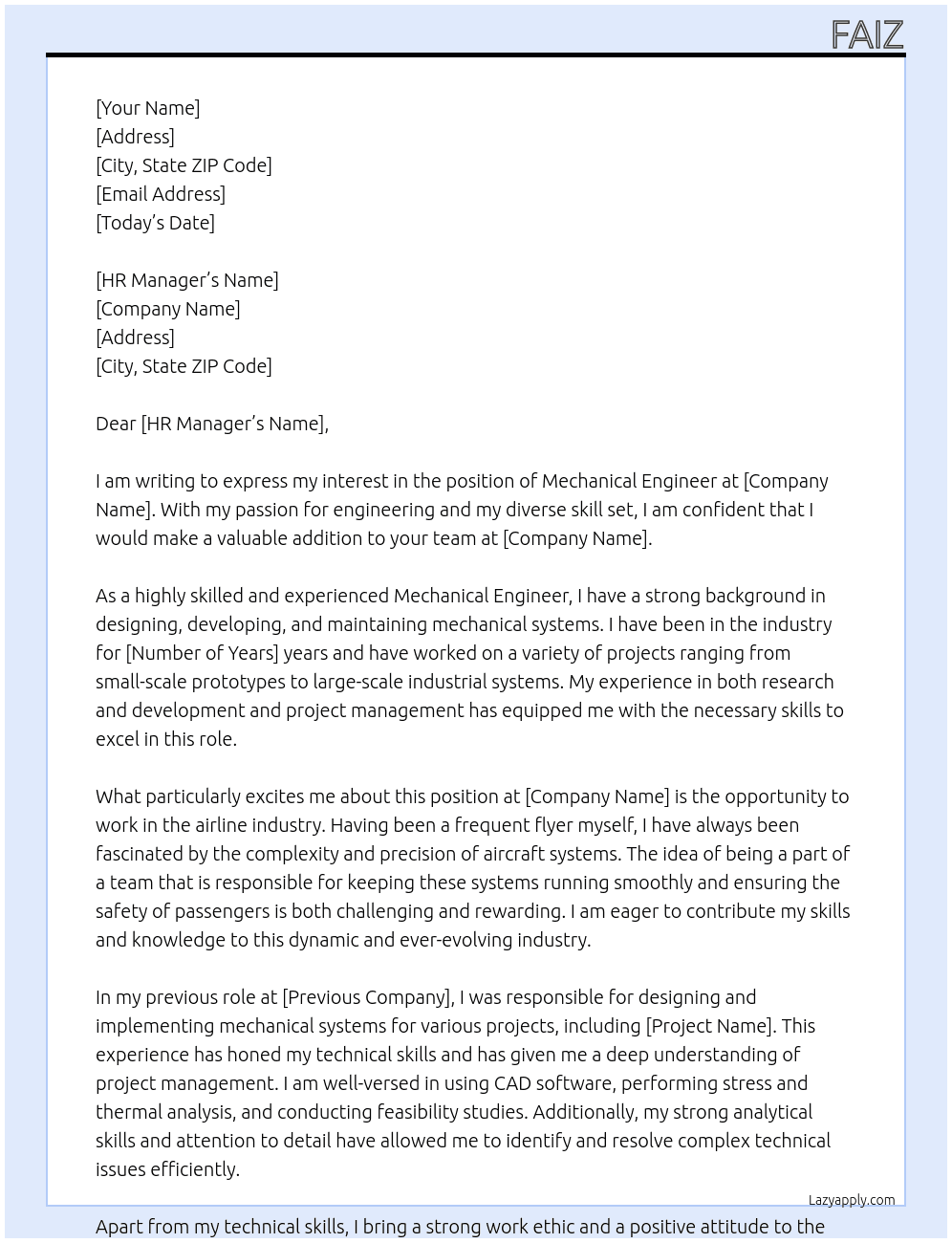 mechanical engineer At airline industry Cover Letter