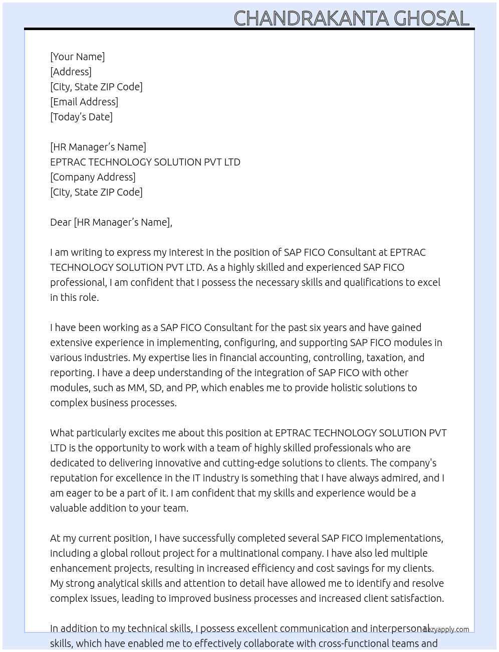 Sap fico consultant  At EPTRAC  TECHNOLOGY SOLUTION PVT LTD Cover Letter