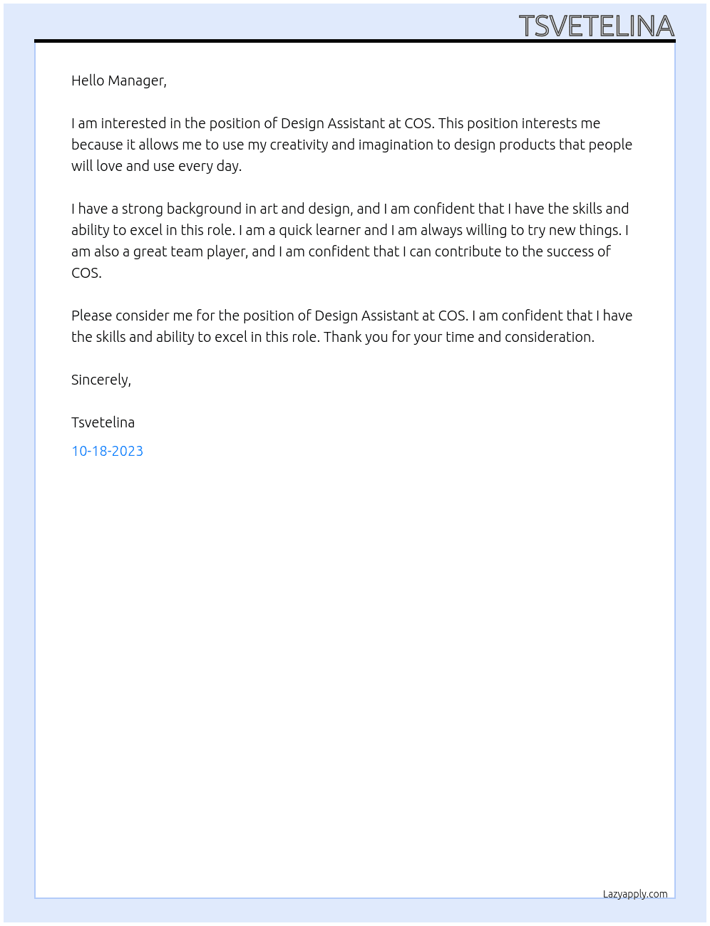 Design assistant At COS Cover Letter