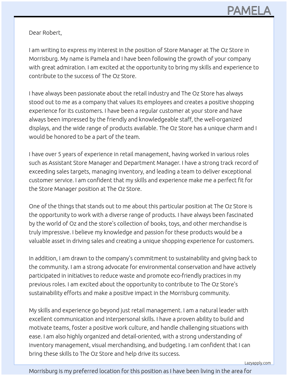 The oz store  At The oz store  Cover Letter
