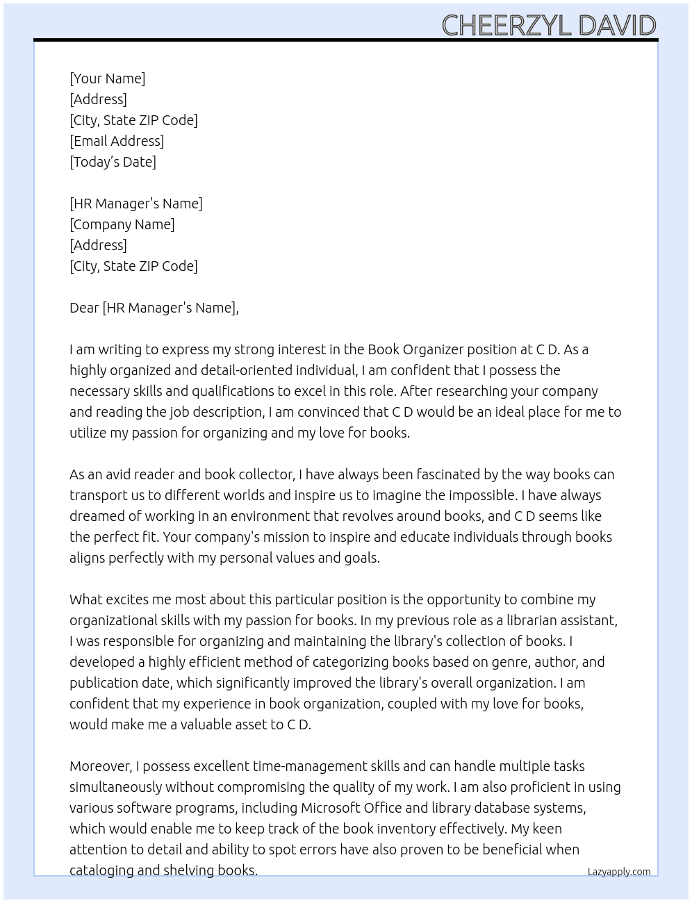 book organizer At C D Cover Letter
