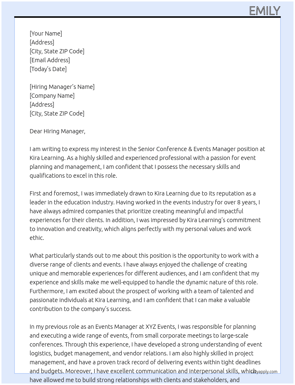 Senior Conference & Events Manager At Kira Learning Cover Letter