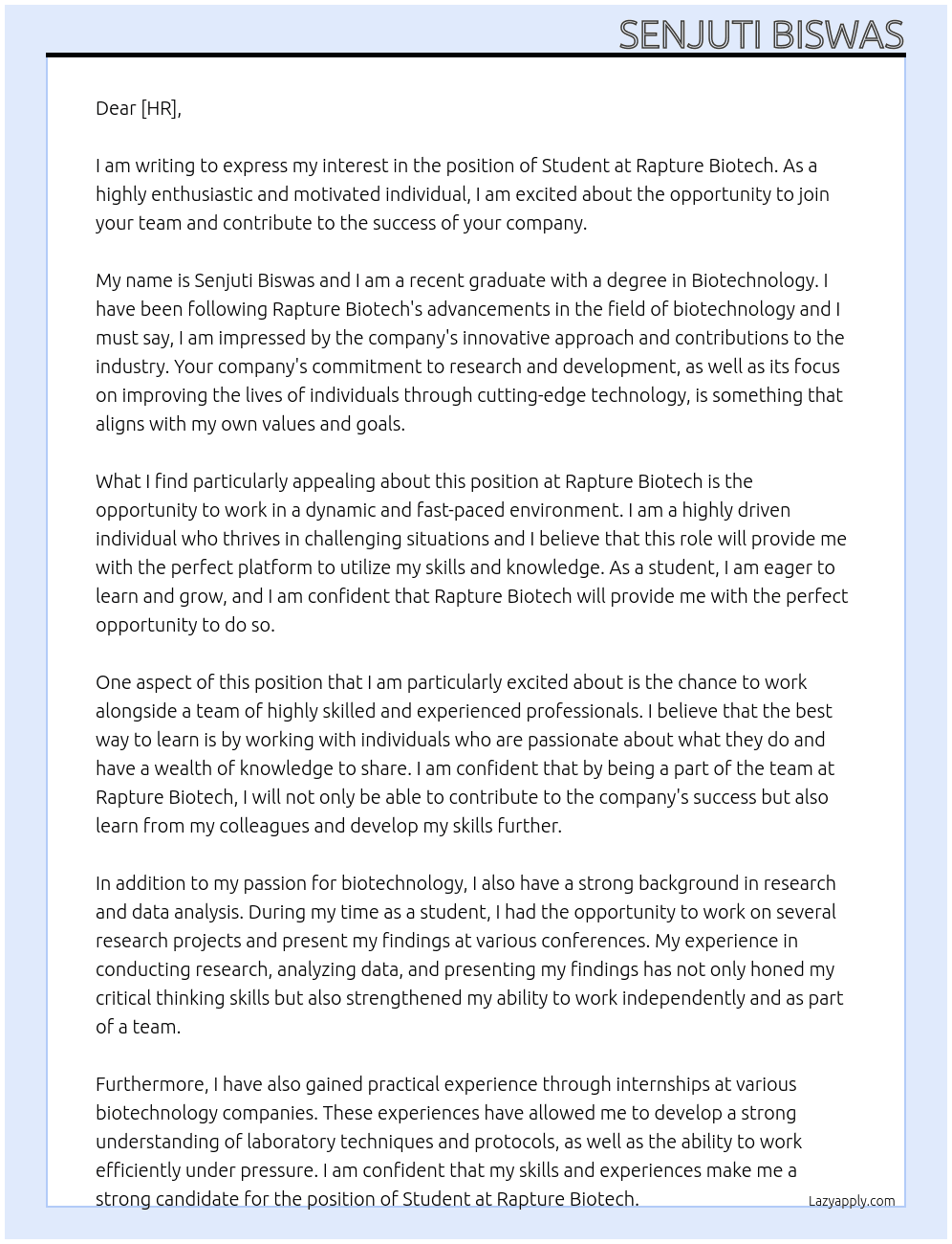 student At rapture biotech Cover Letter