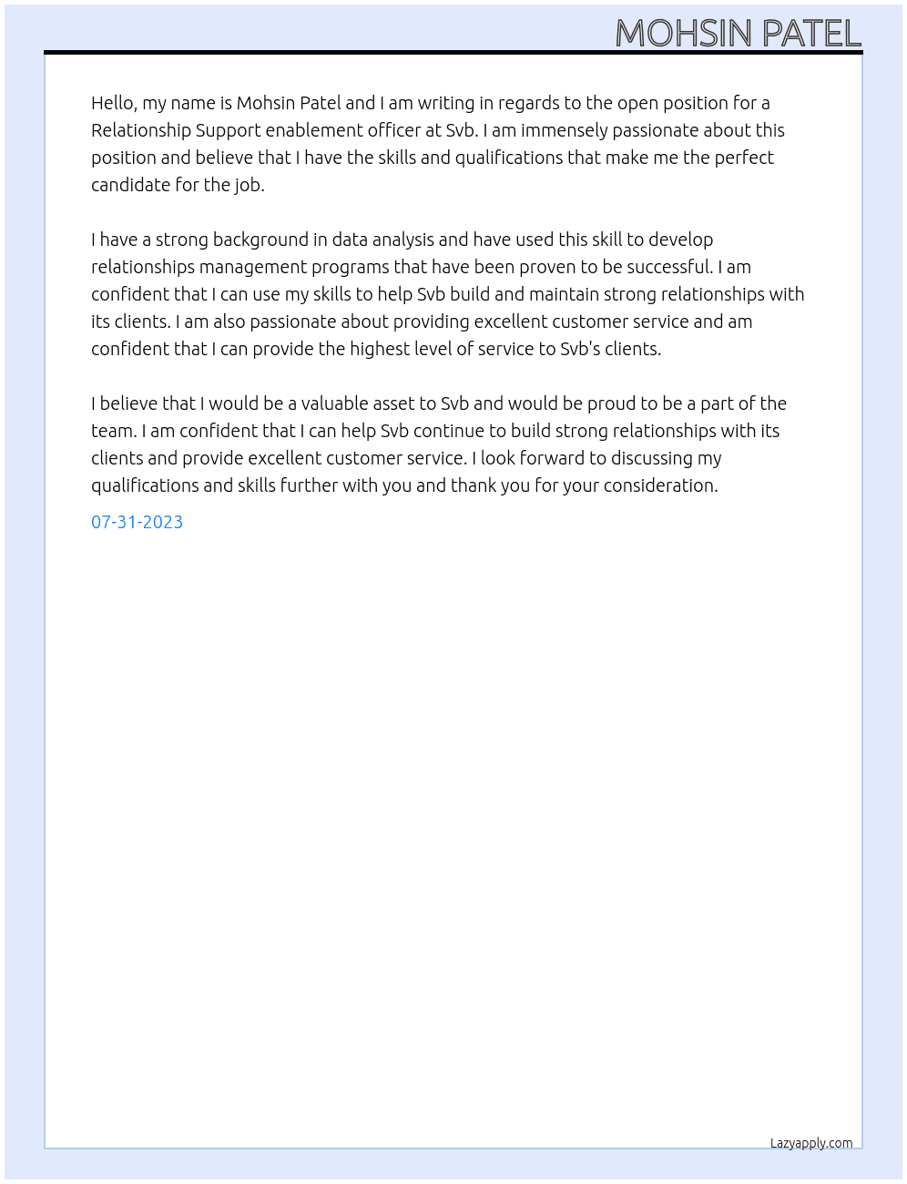 Relationship Support enablement officer At Svb Cover Letter