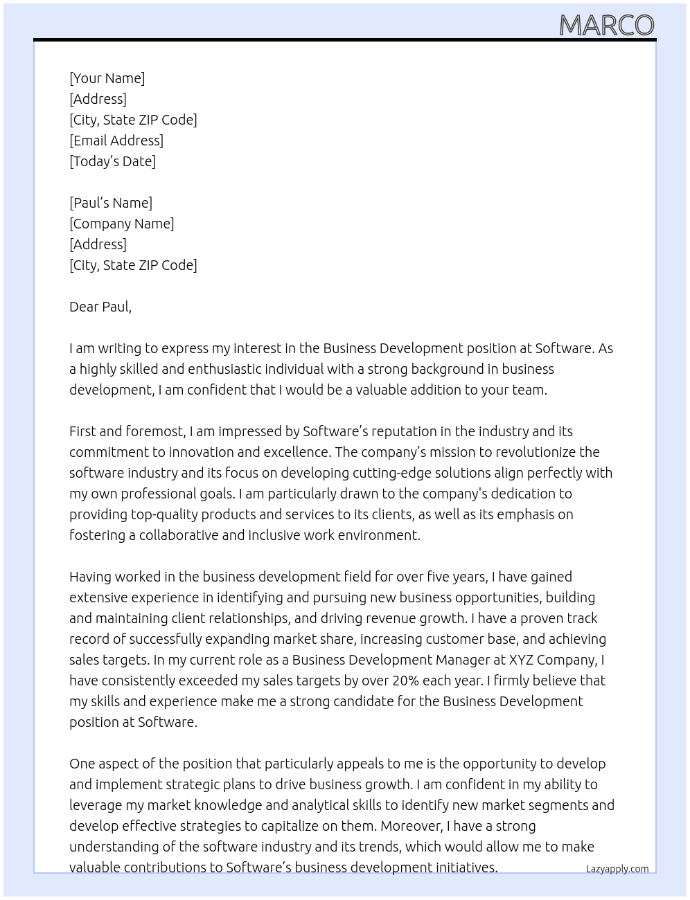 Business development At Software Cover Letter