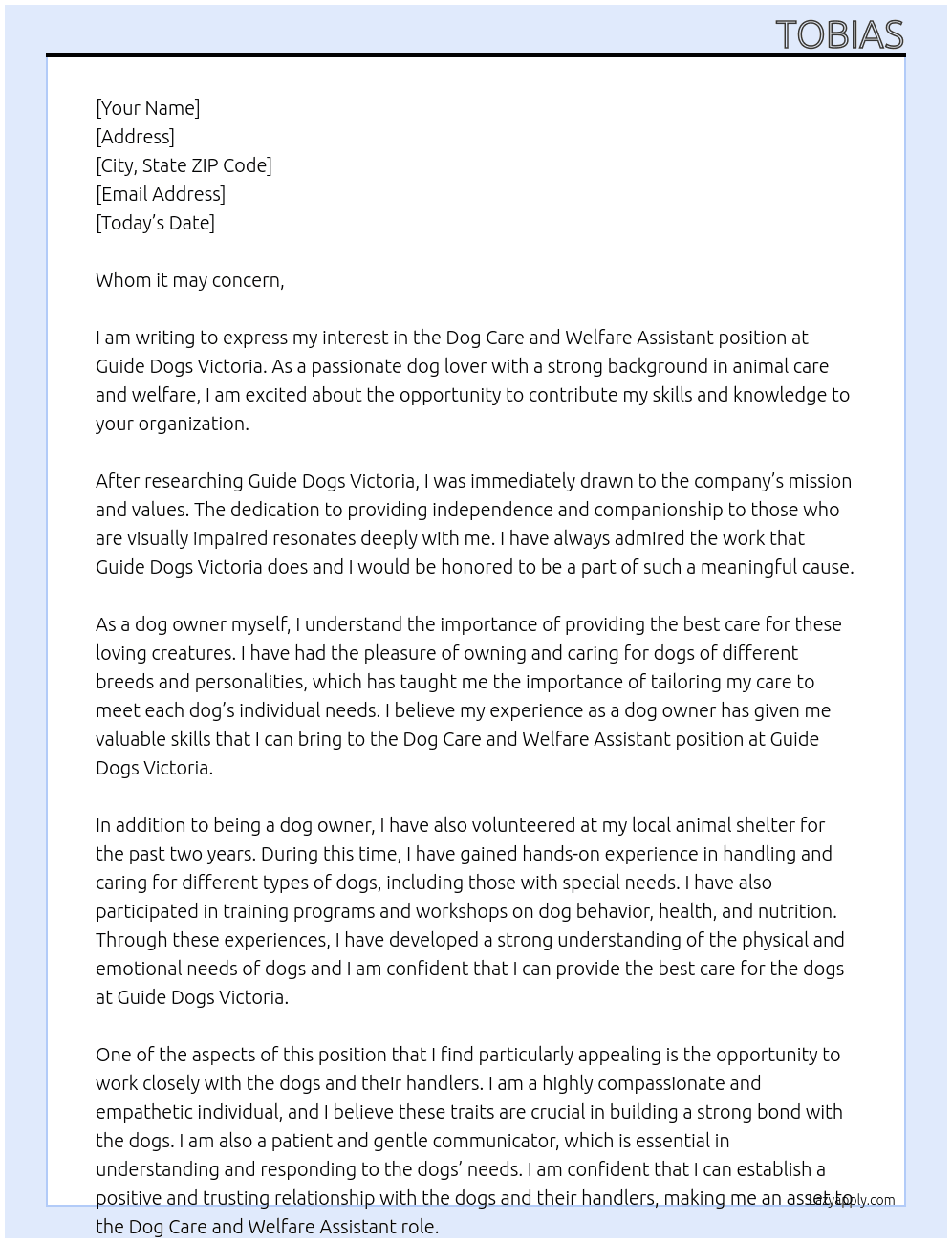 Dog Care and Welfare Assistant  At Guide Dogs Victoria  Cover Letter