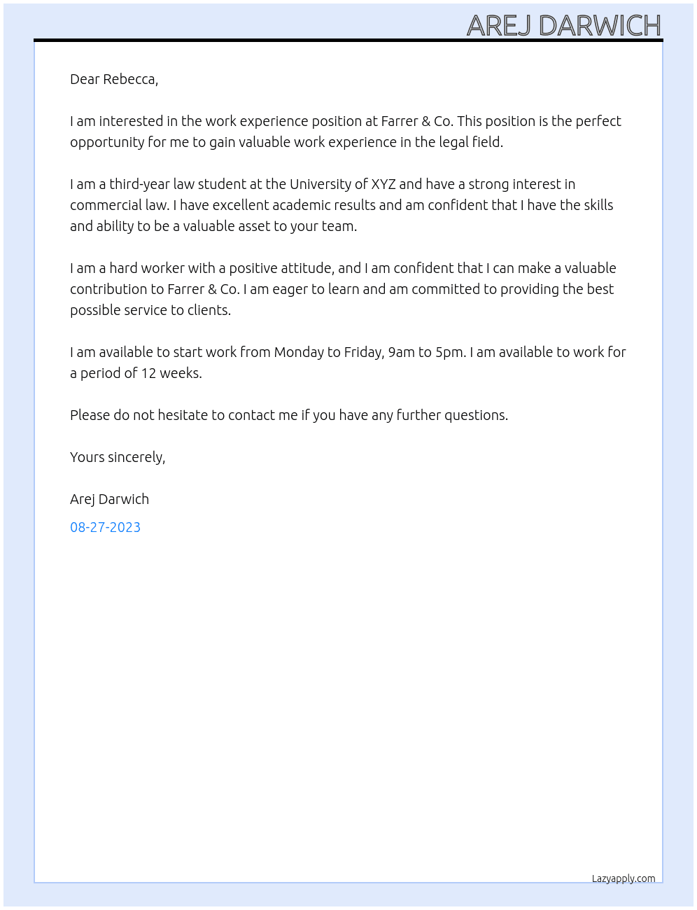 Work experience  At Farrer & Co Cover Letter