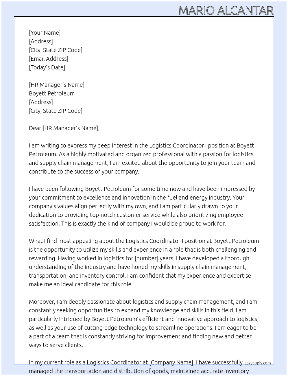 Logistics Coordinator I At Boyett Petroleum Cover Letter