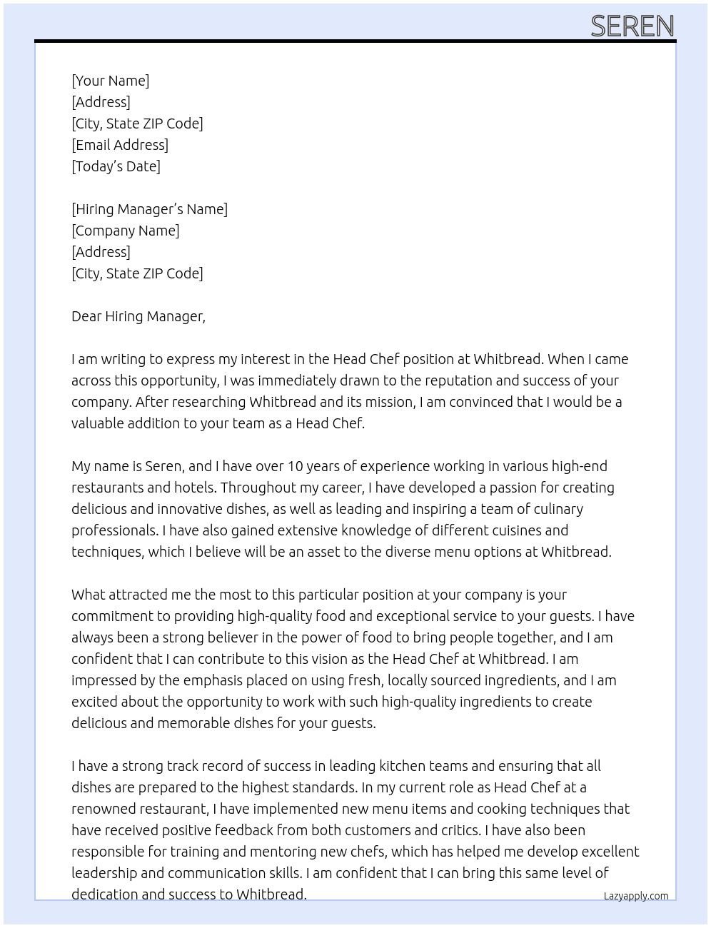 Head Chef At Whitbread Cover Letter