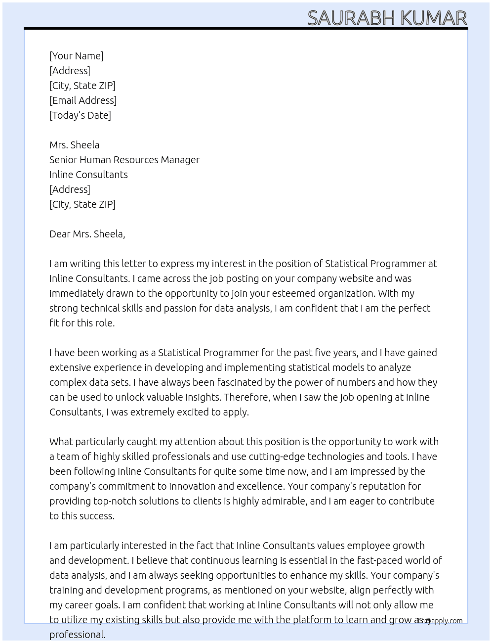 Statistical programmer At Inline consultants Cover Letter