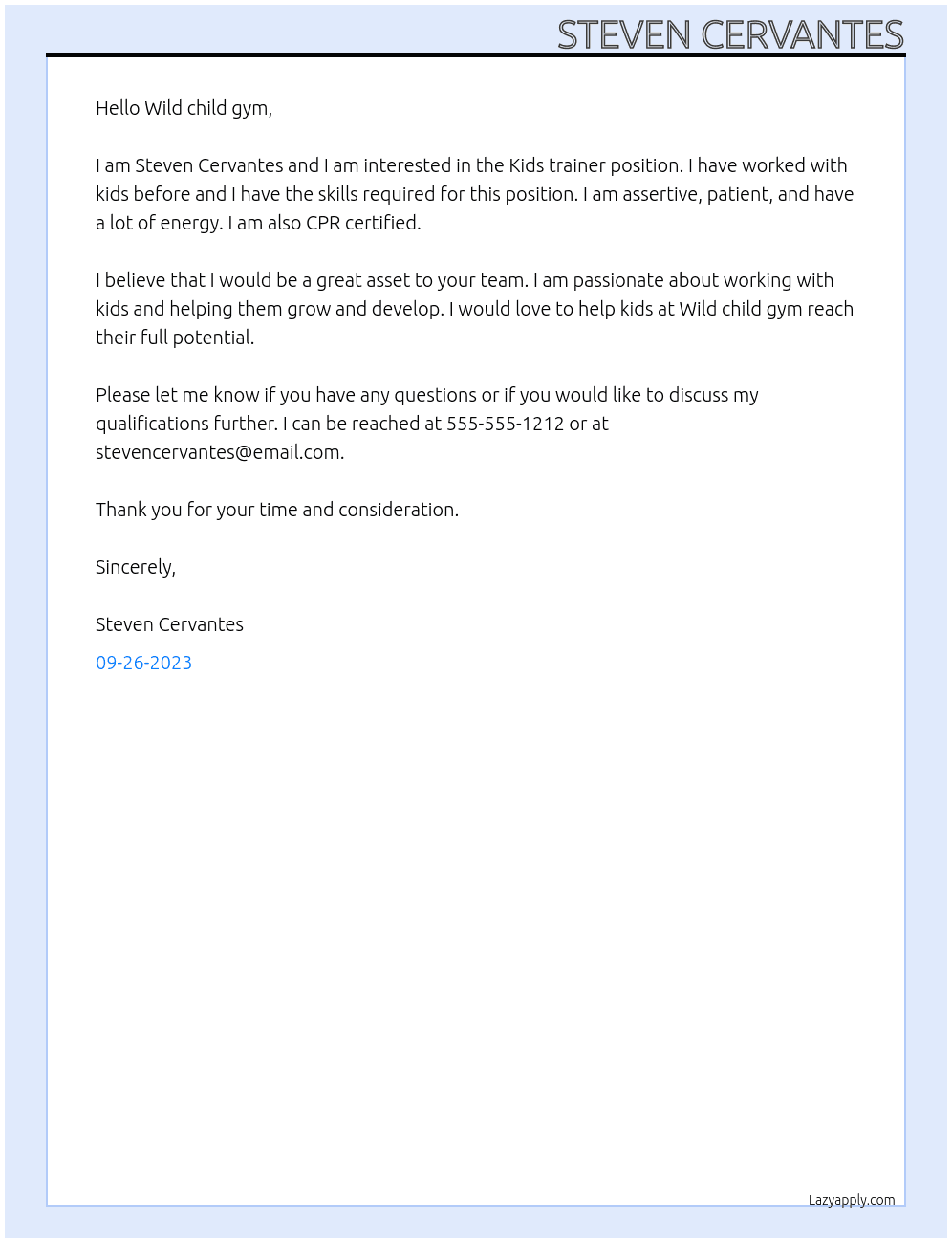 Kids trainer At Wild child gym Cover Letter