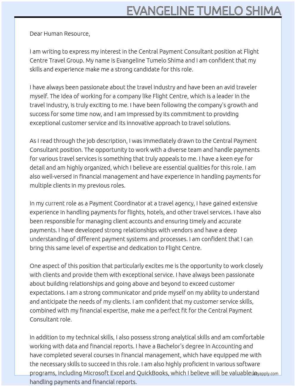 Central Payment Consultant At Flight Centre Travel Group Cover Letter