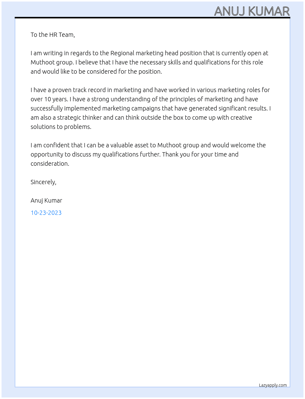 Regional marketing head  At Muthoot group  Cover Letter