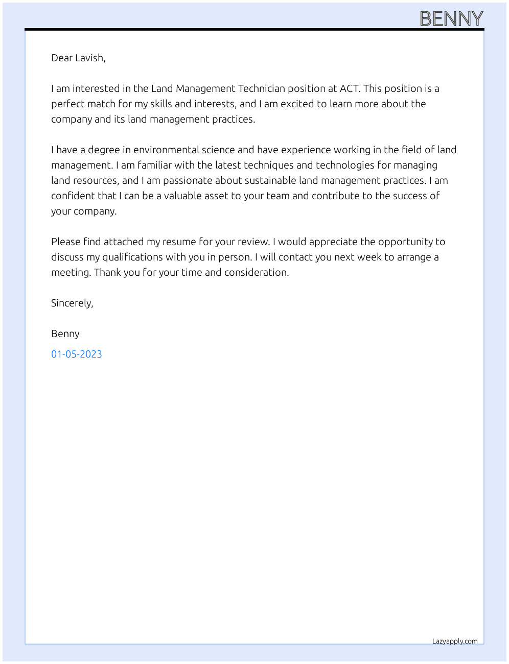 Land Management Technician  At ACT  Cover Letter