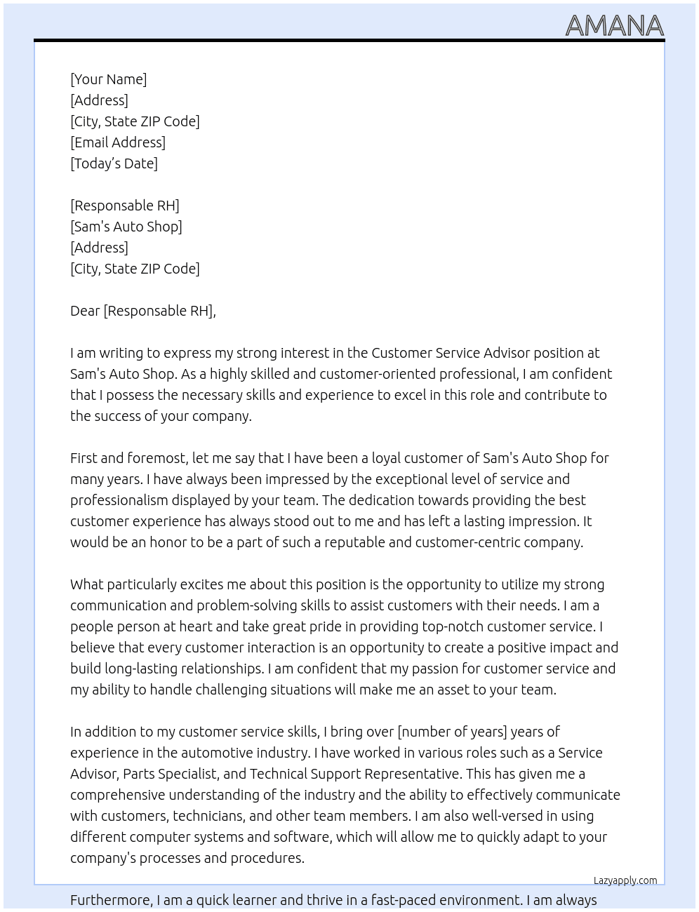Customer Service Advisor At Sam's Auto Shop Cover Letter