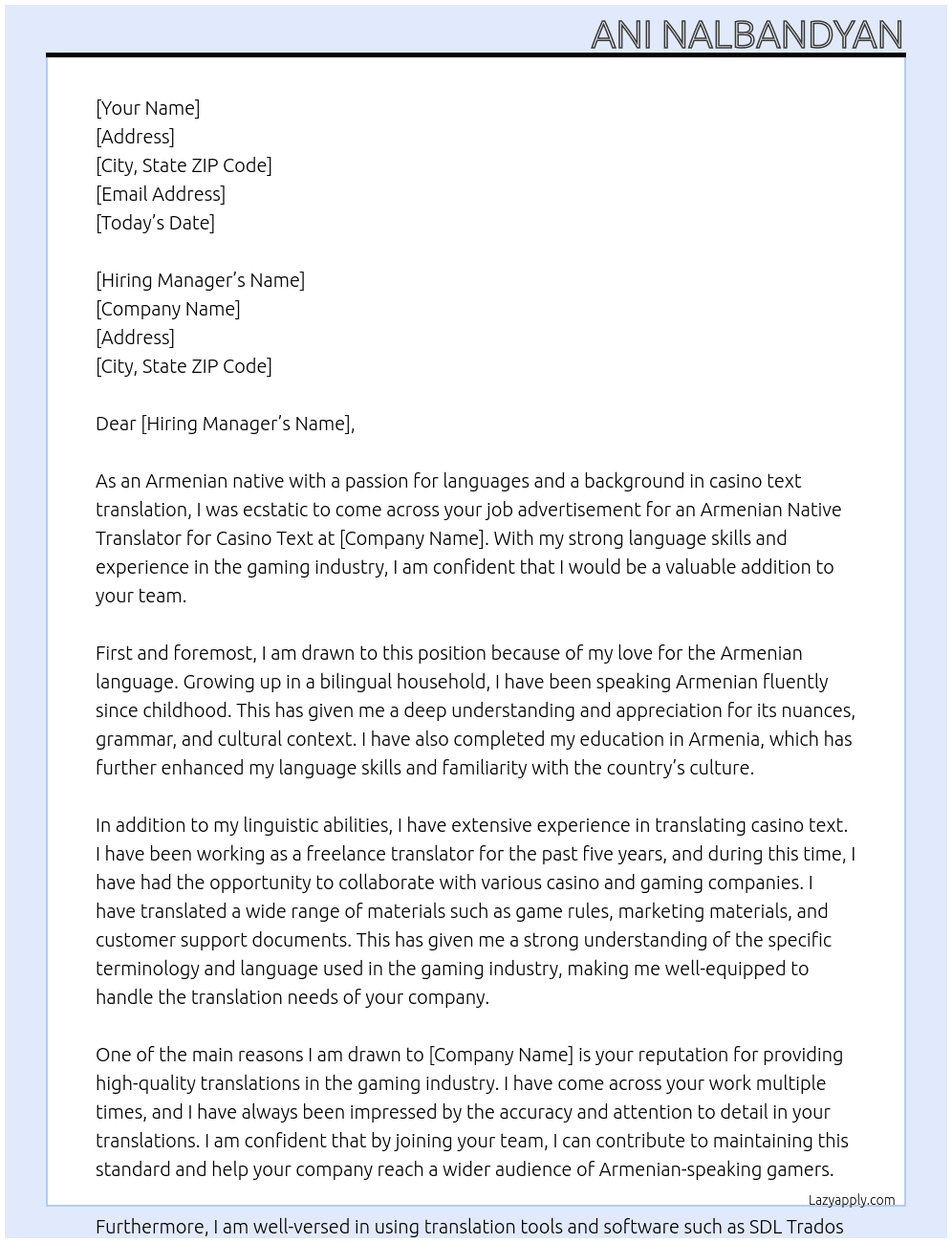 Armenian Native Translator for Casino Text At not verified Cover Letter