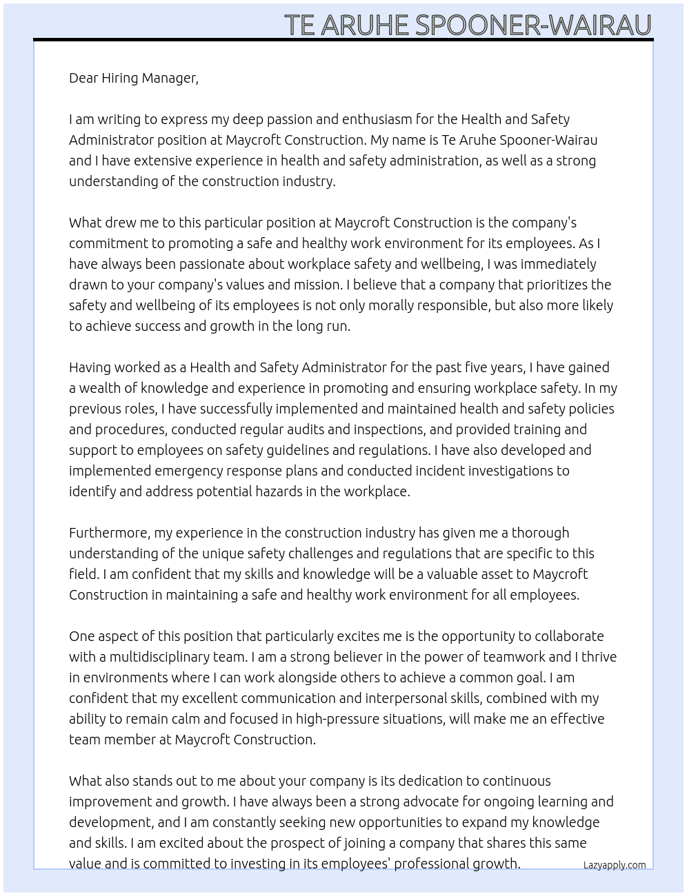Health and Safety Administrator At Maycroft Construction Cover Letter
