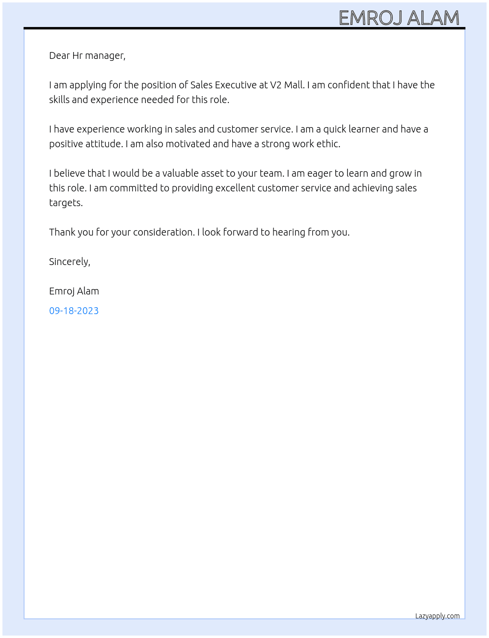 Sales Executive  At V2 Mall Cover Letter