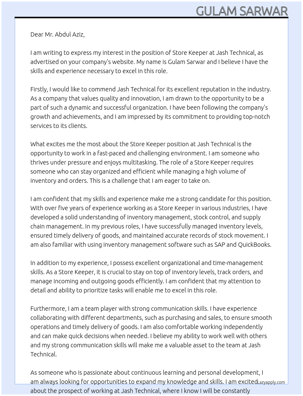 store keeper At jash technical Cover Letter