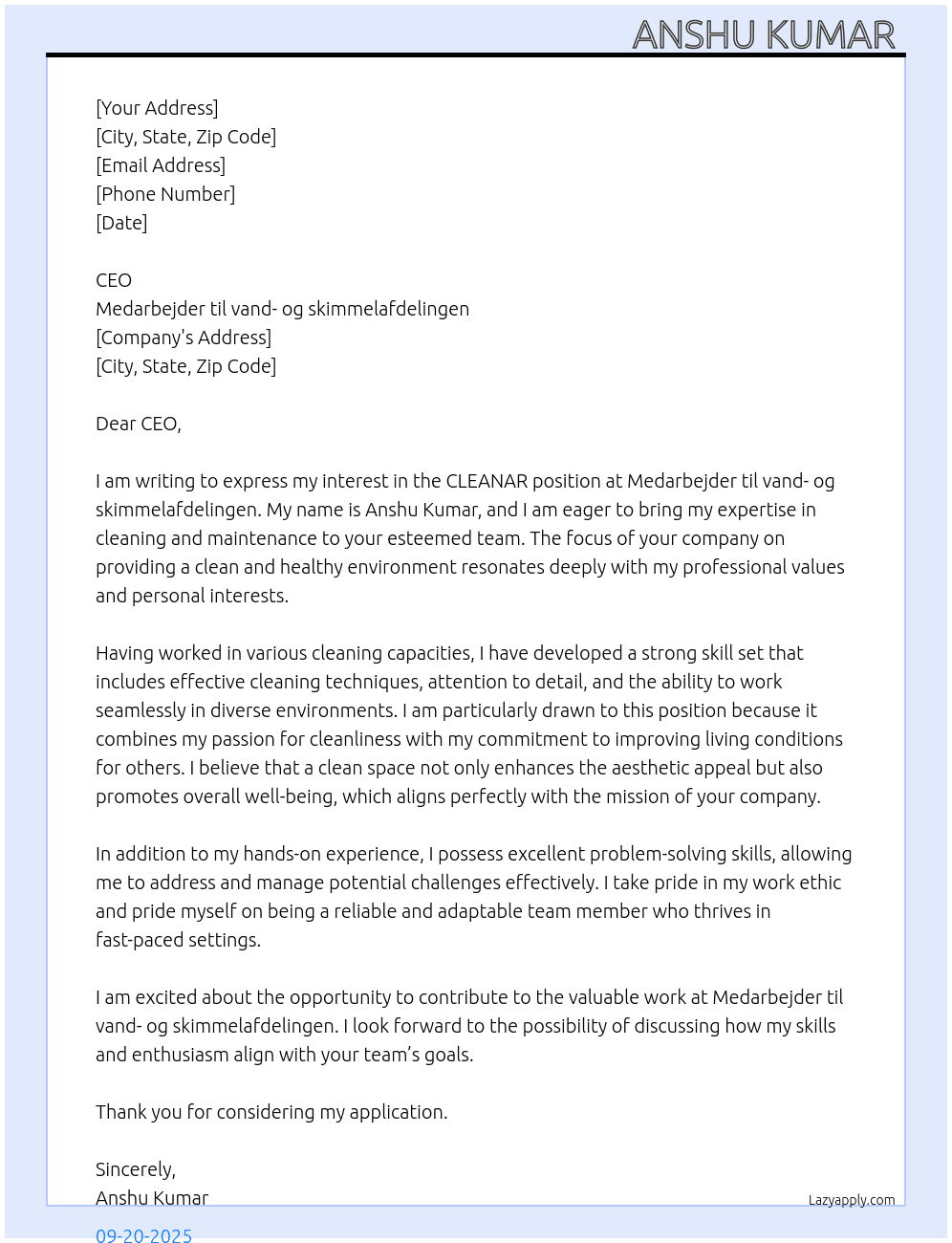 CLEANAR At Medarbejder til vand- og skimmelafdelingen Cover Letter