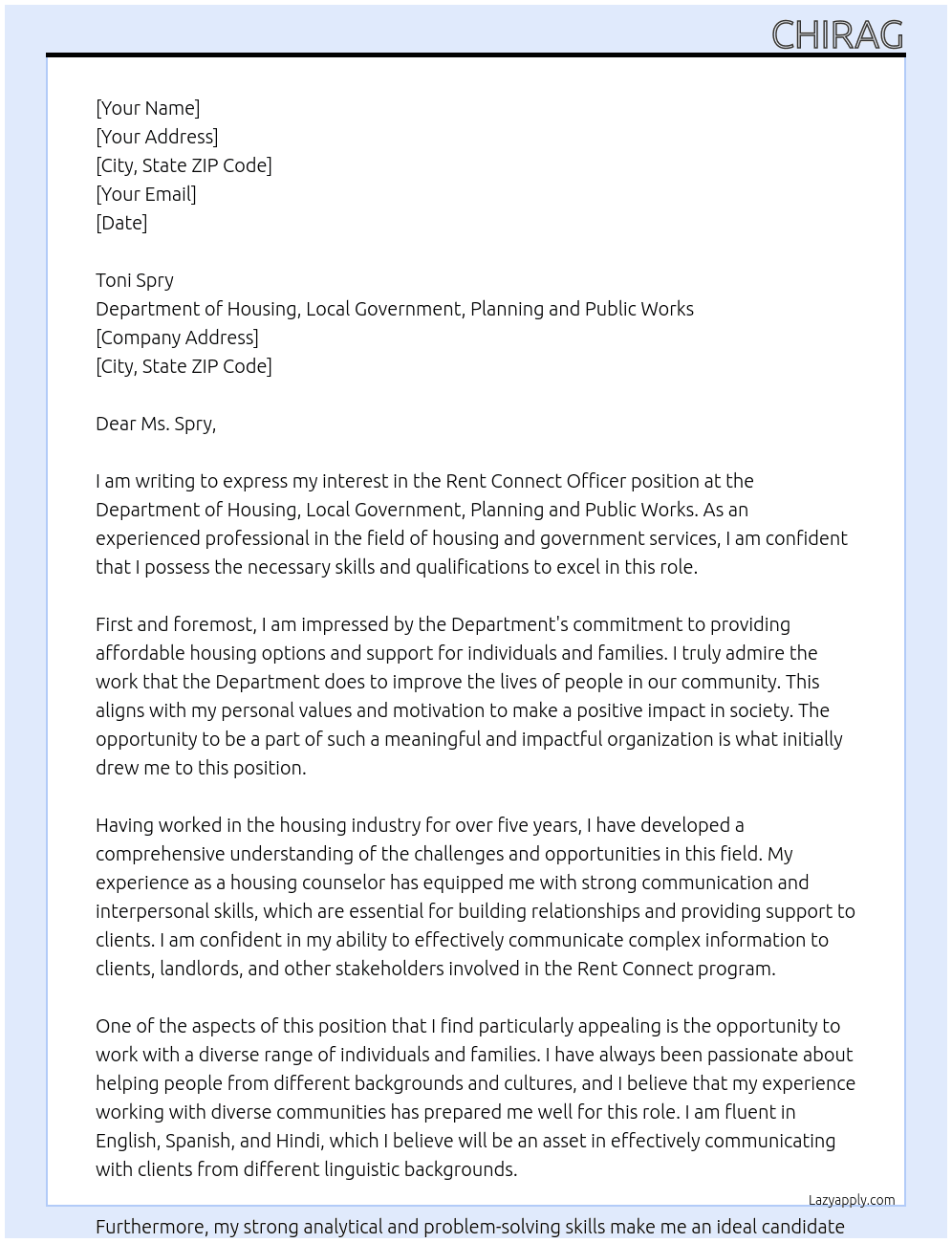 Rent Connect Officer  At Department of Housing, Local Government, Planning and Public Works Cover Letter