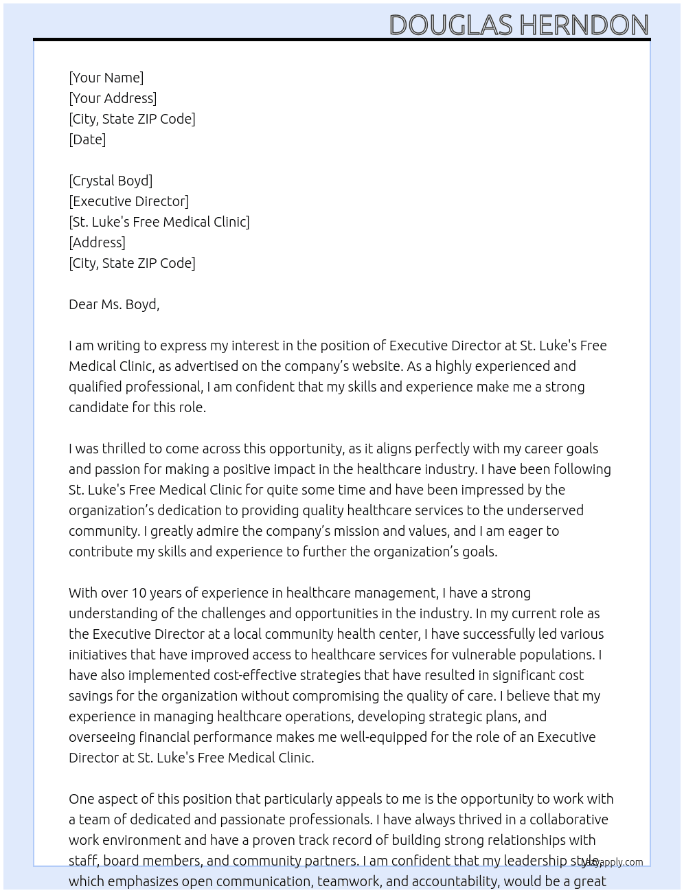 Executive Director At St. Luke's Free Medical Clinic Cover Letter