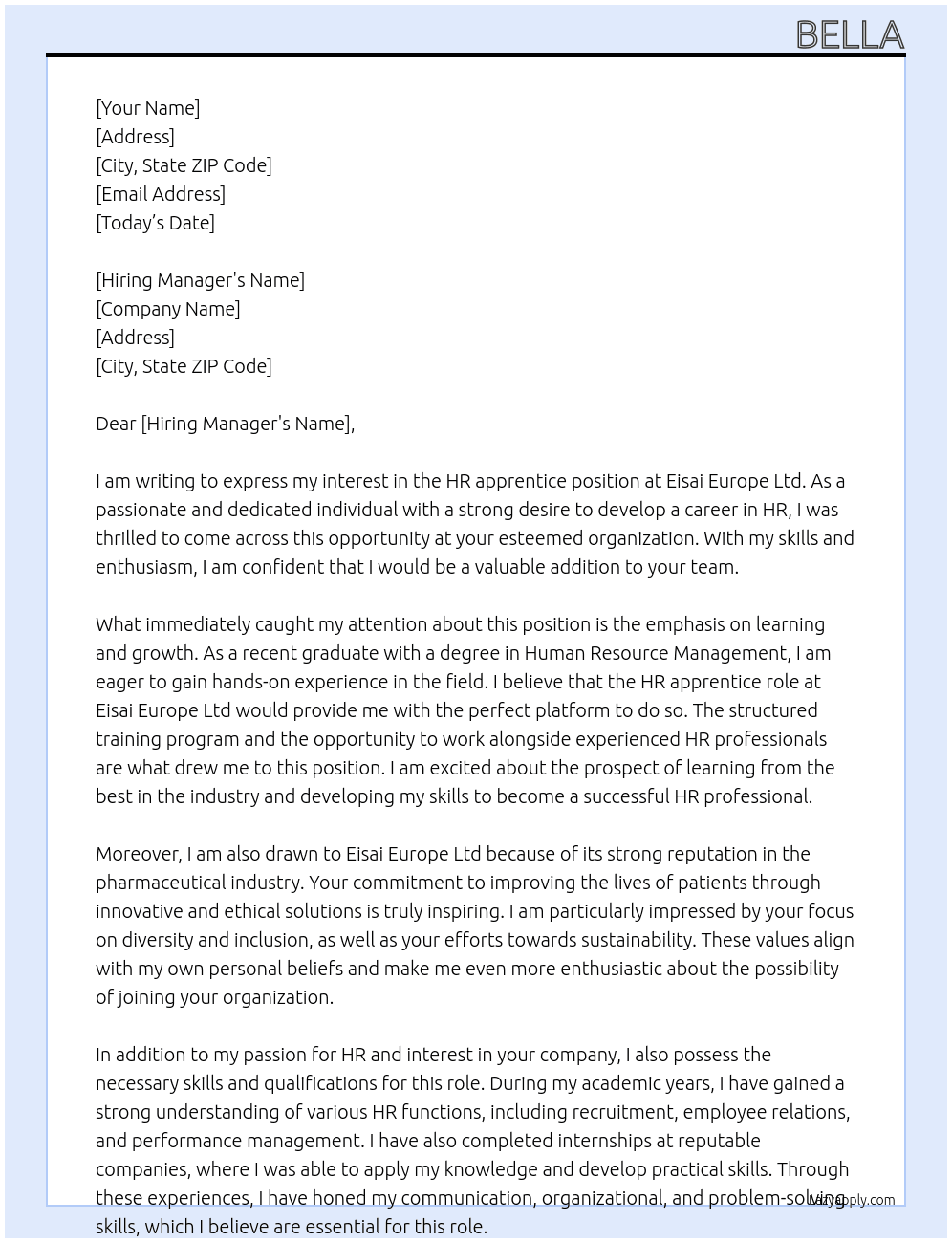 HR apprentice At Eisai Europe Ltd Cover Letter