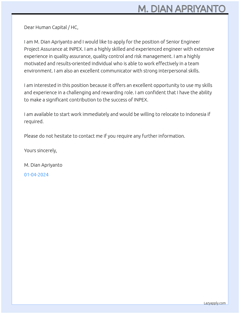 Senior Engineer Project Assurance At INPEX Cover Letter