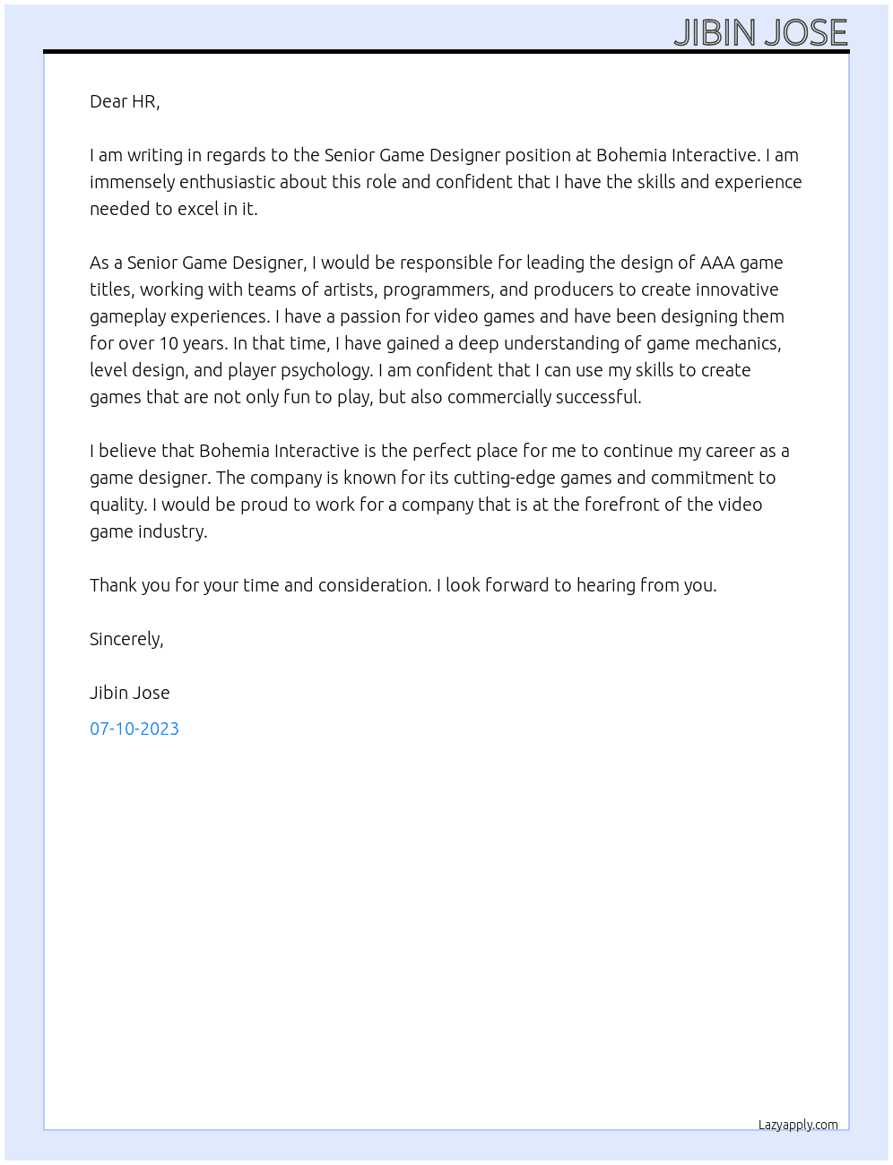 Senior Game Designer At Bohemia Interactive Cover Letter