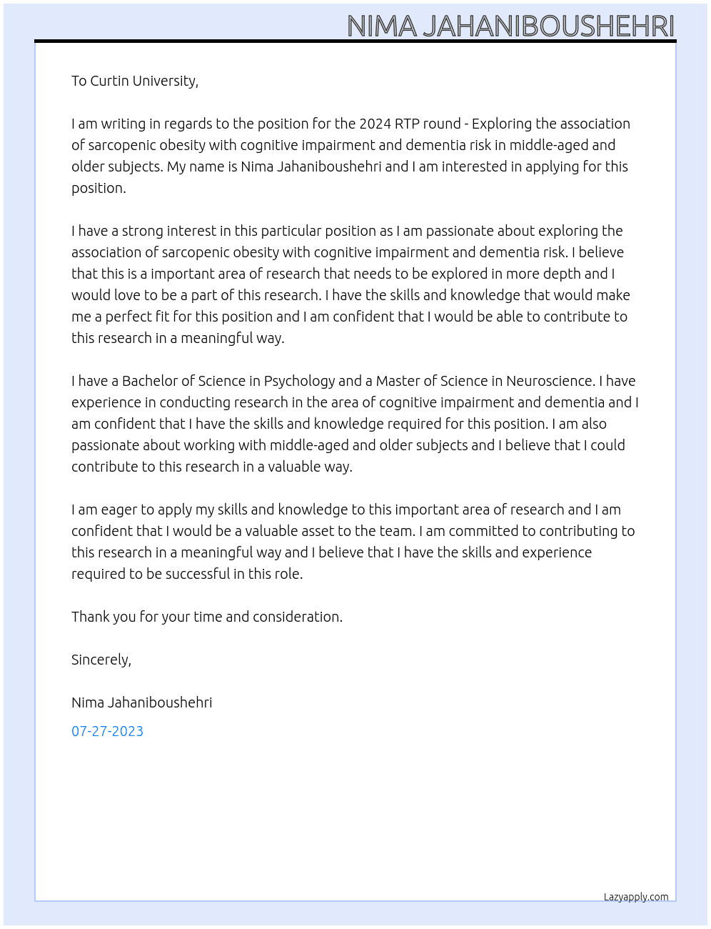  2024 RTP round - Exploring the association of sarcopenic obesity with cognitive impairment and dementia risk in middle-aged and older subjects At Curtin University Cover Letter
