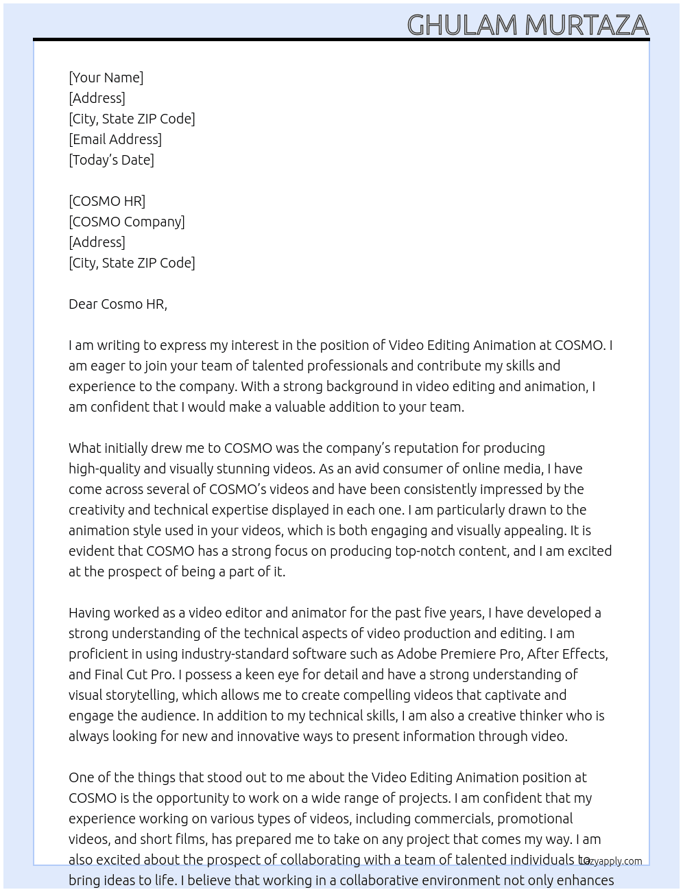 Video Editing Animation At COSMO Cover Letter