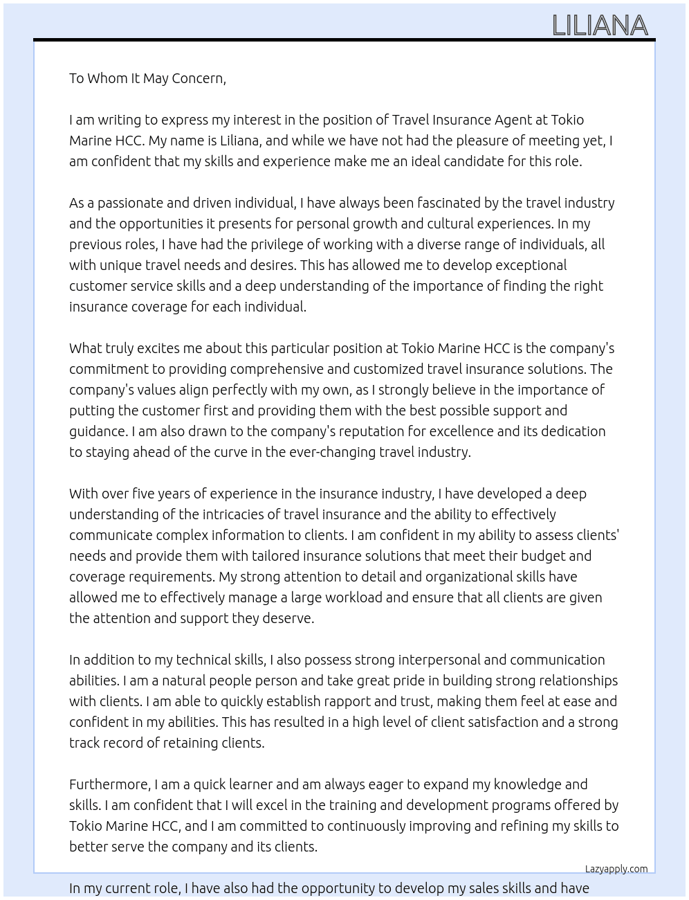 travel insurance angent  At tokio marine hcc  Cover Letter