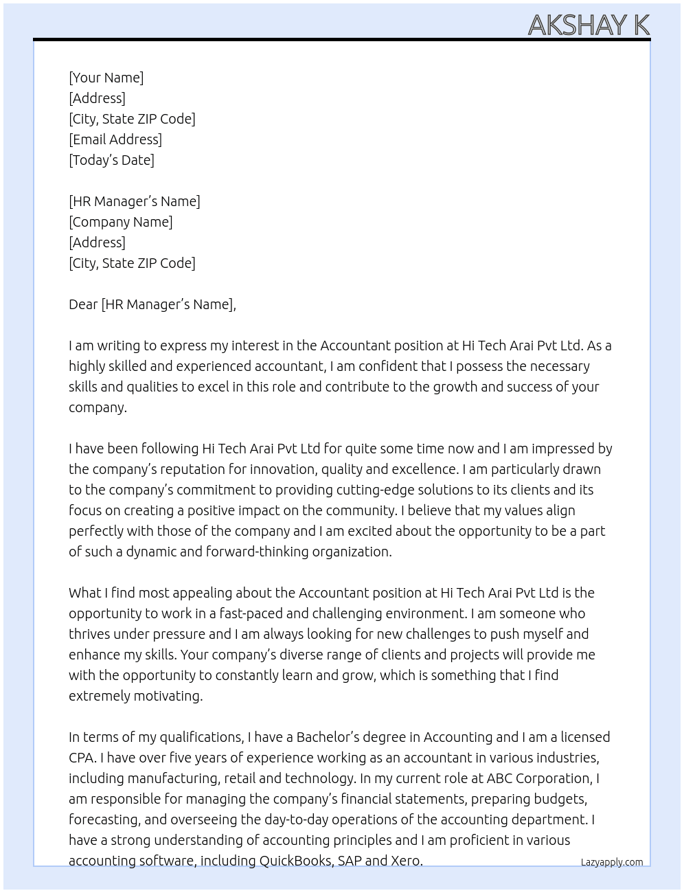 Accountant  At Hi Tech Arai Pvt Ltd  Cover Letter