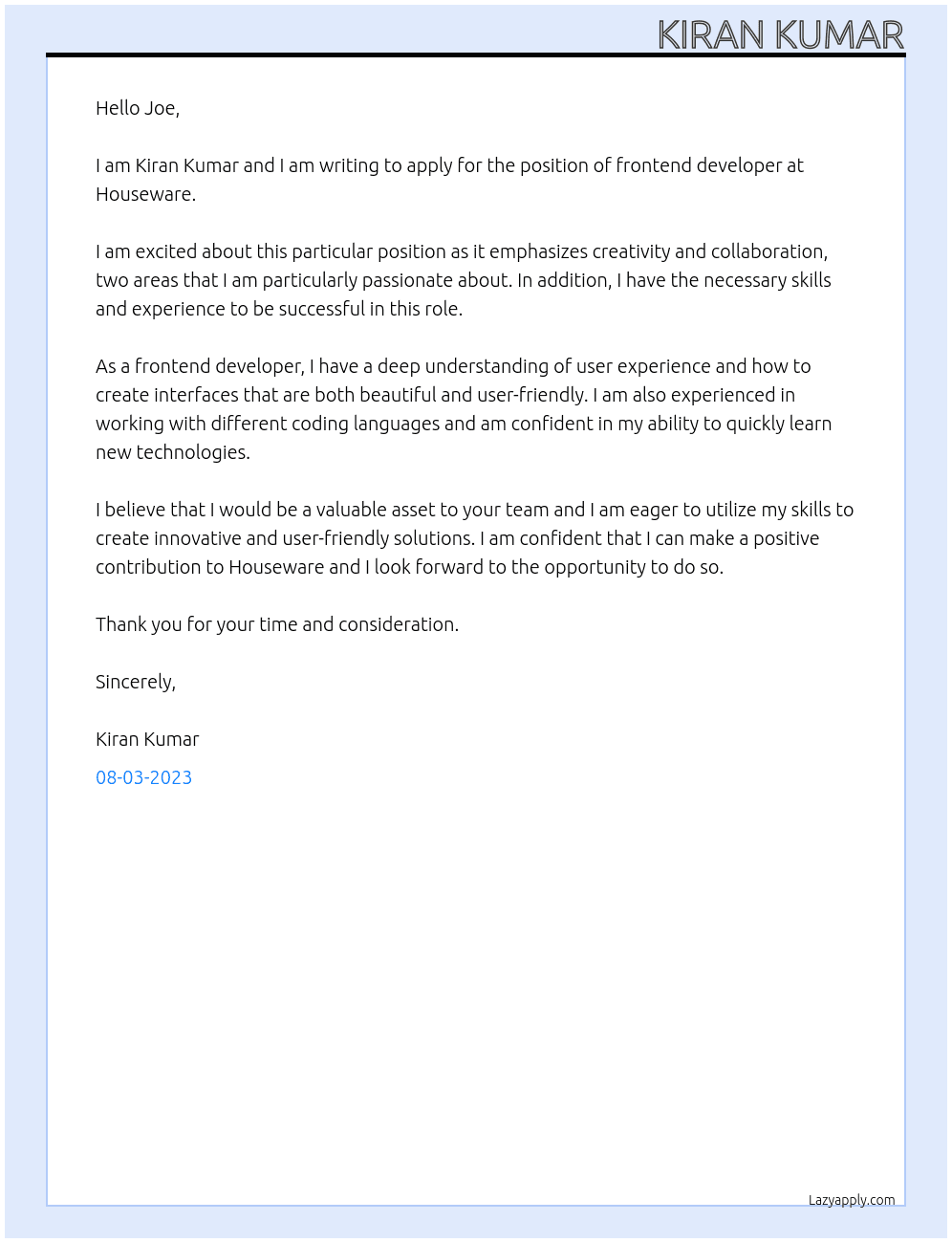 frontend developer At houseware Cover Letter