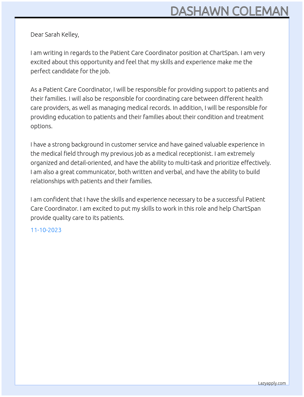 Patient Care Coordinator At ChartSpan Cover Letter