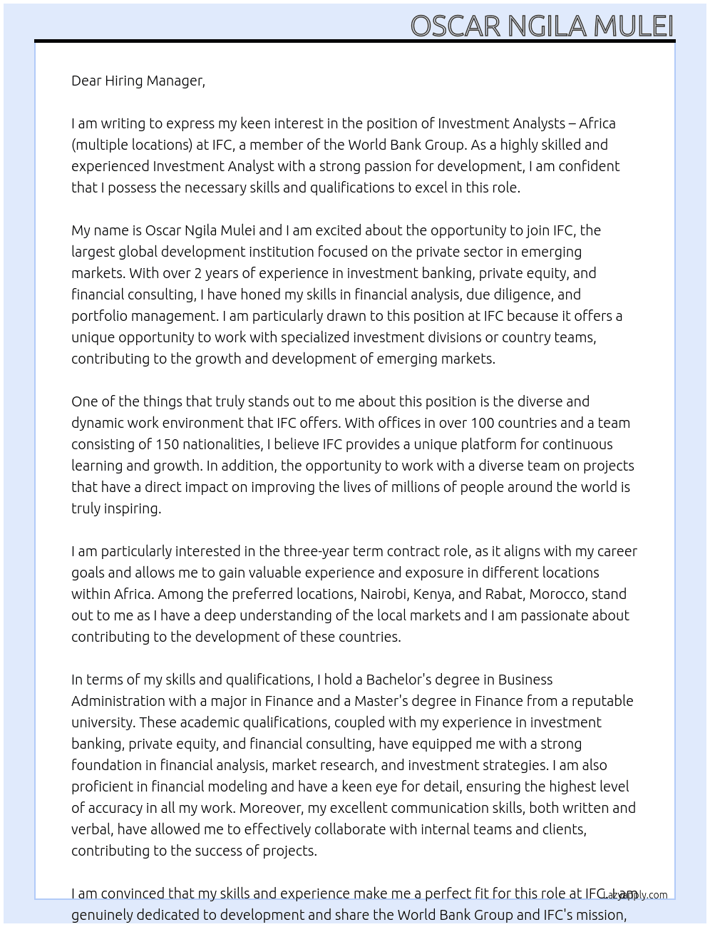 Investment Analysts – Africa (multiple locations) At IFC — a member of the World Bank Group Cover Letter