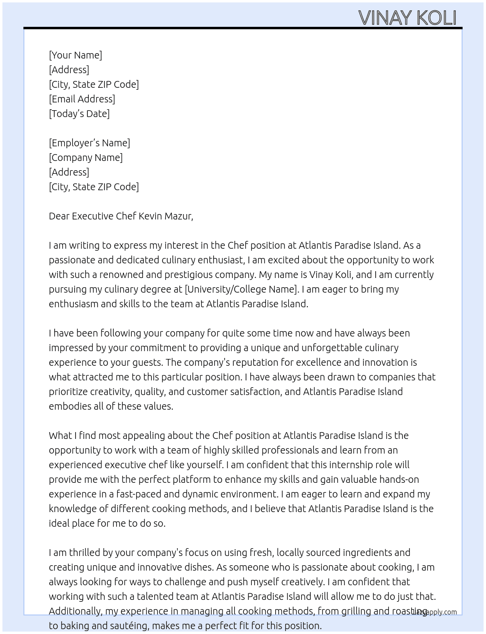Chef  At Atlantis paradise Island  Cover Letter