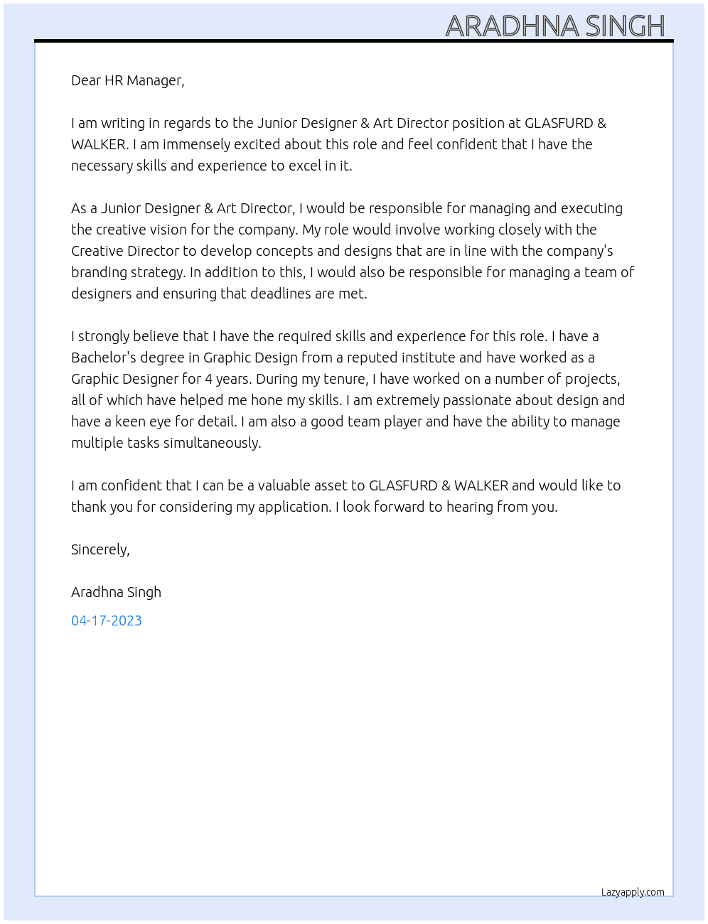 Junior Designer & Art Director At GLASFURD & WALKER Cover Letter