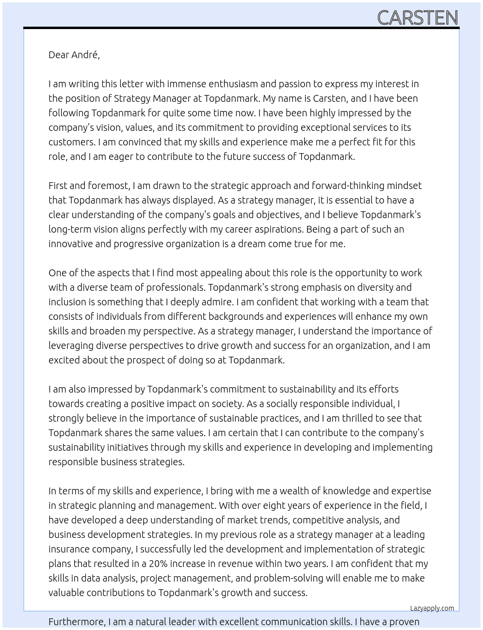 Strategy manager At Topdanmark  Cover Letter