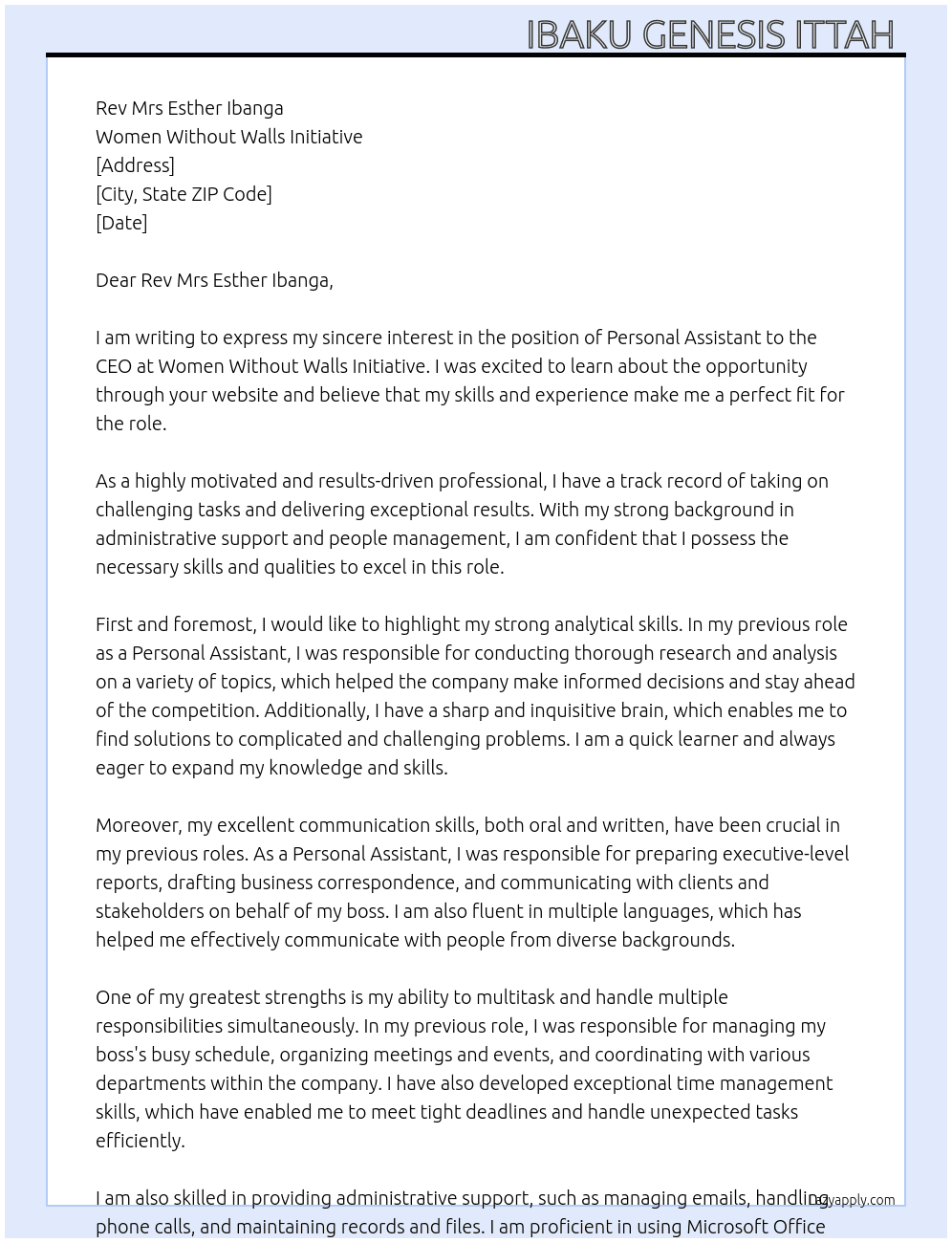 Personal Assistant To The CEO At Women Without Walls Initiative  Cover Letter