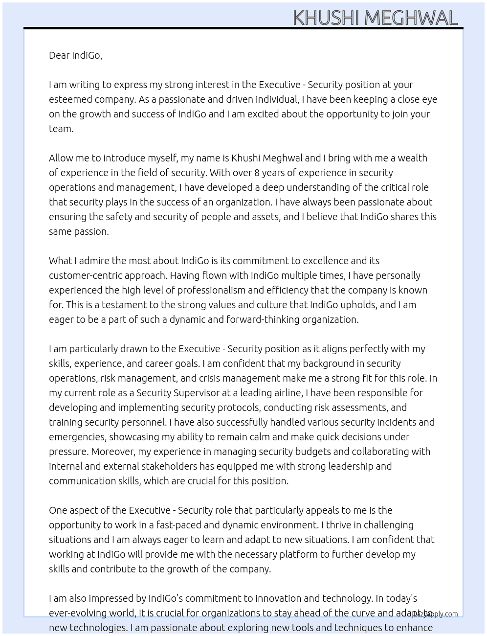 Executive - security  At IndiGo  Cover Letter