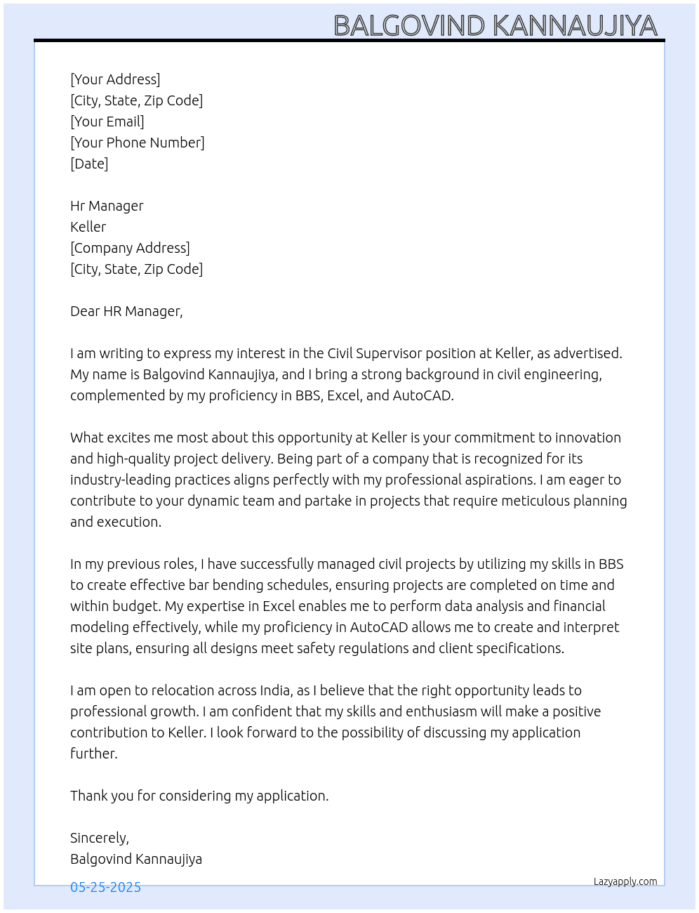 Civil supervisor  At Keller  Cover Letter