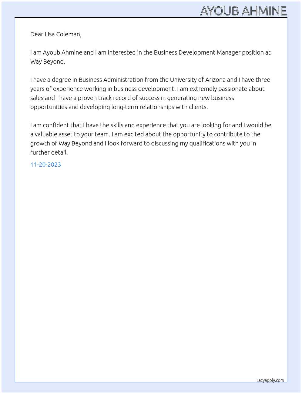 Business Development Manager At Way Beyond Cover Letter
