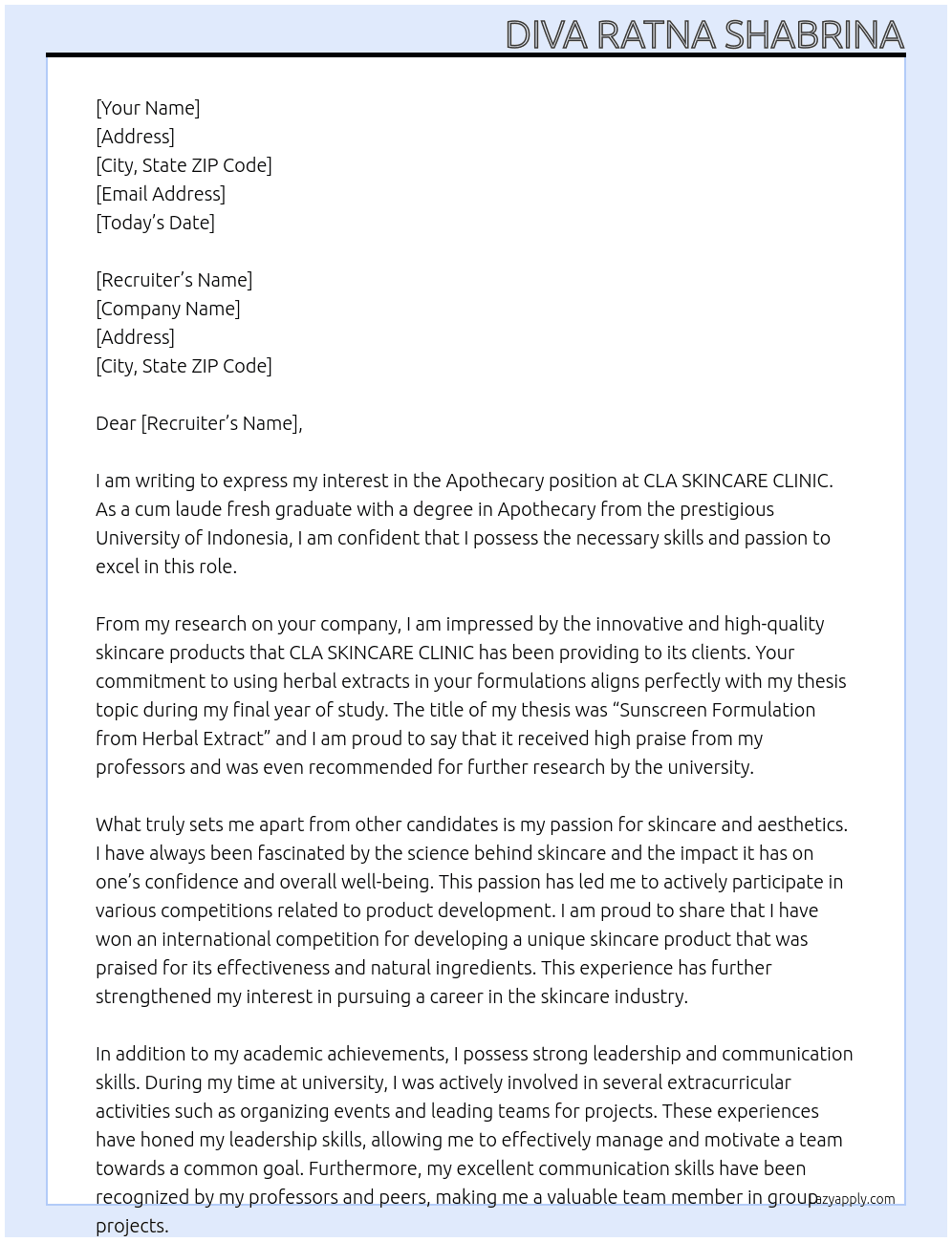 Apothecary At CLA SKINCARE CLINIC Cover Letter